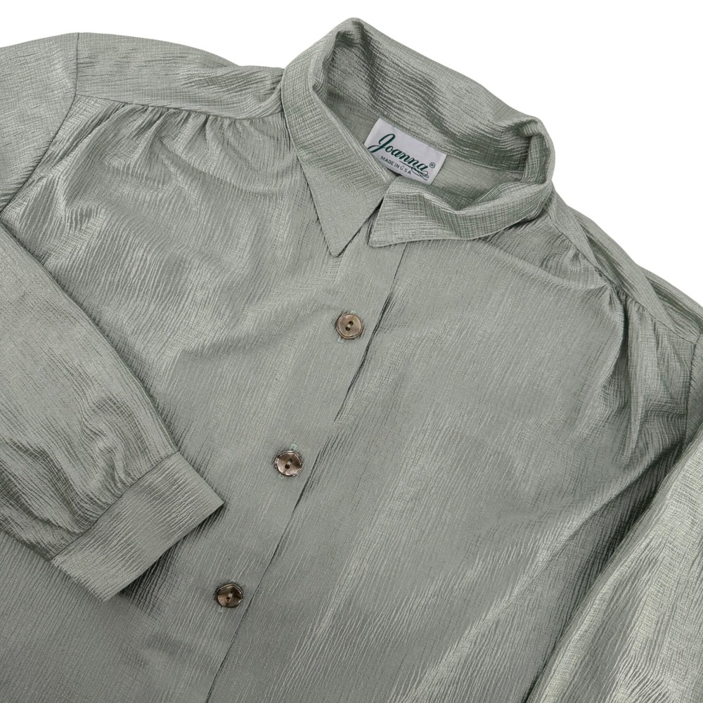 Vintage Joanna Womens L Button Up Shirt Sage Green Textured Long‎ Sleeve USA